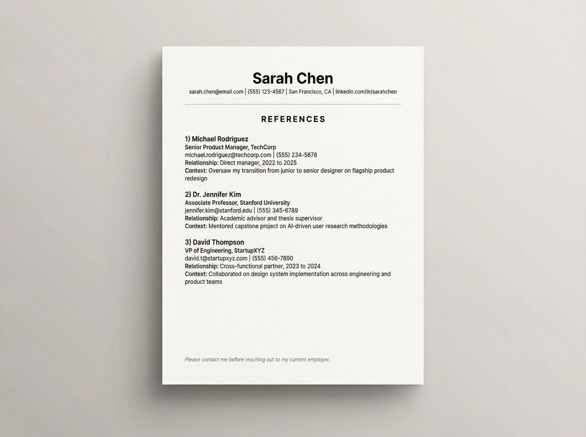 Professional reference sheet template showing proper formatting with header, three references, and contact details