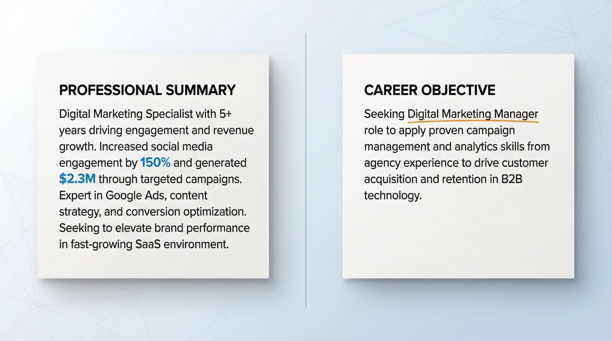 Split-screen comparison of professional resume summary vs career objective sections, showing format and content differences