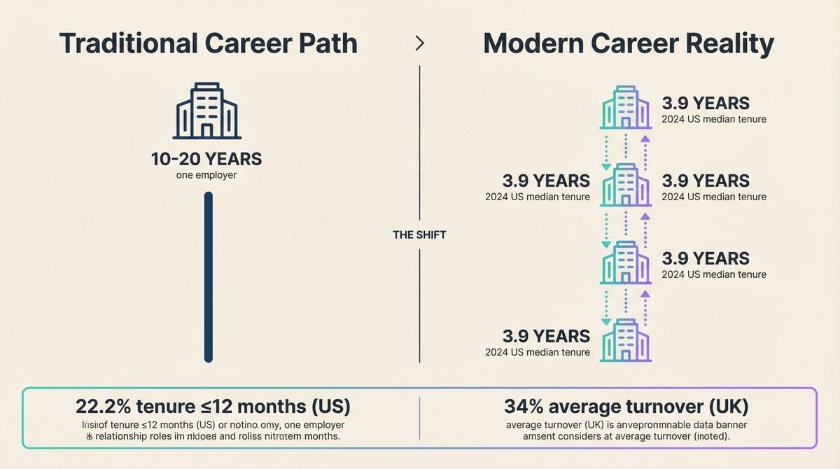 Visual comparison showing the decline in job tenure from traditional long-term employment to modern shorter stints