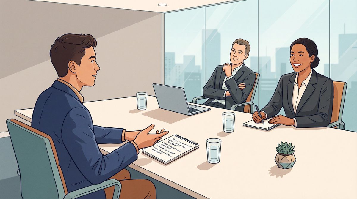 Job candidate confidently asking prepared questions to two interviewers at end of interview, notepad visible on table