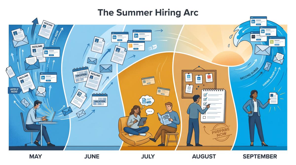 Editorial illustration of the summer job search arc: May peak activity, July-August quiet prep phase, September surge returning