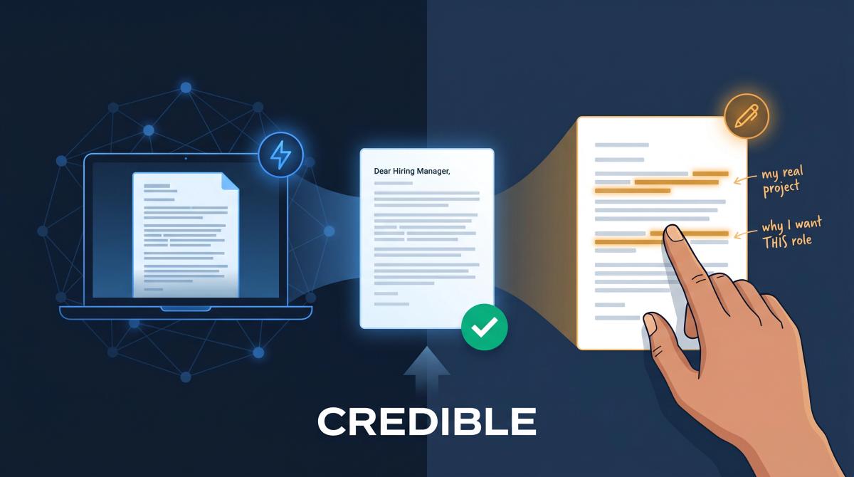 Split editorial illustration: AI drafts a cover letter on the left, a human personalizes it on the right, merging into one credible application