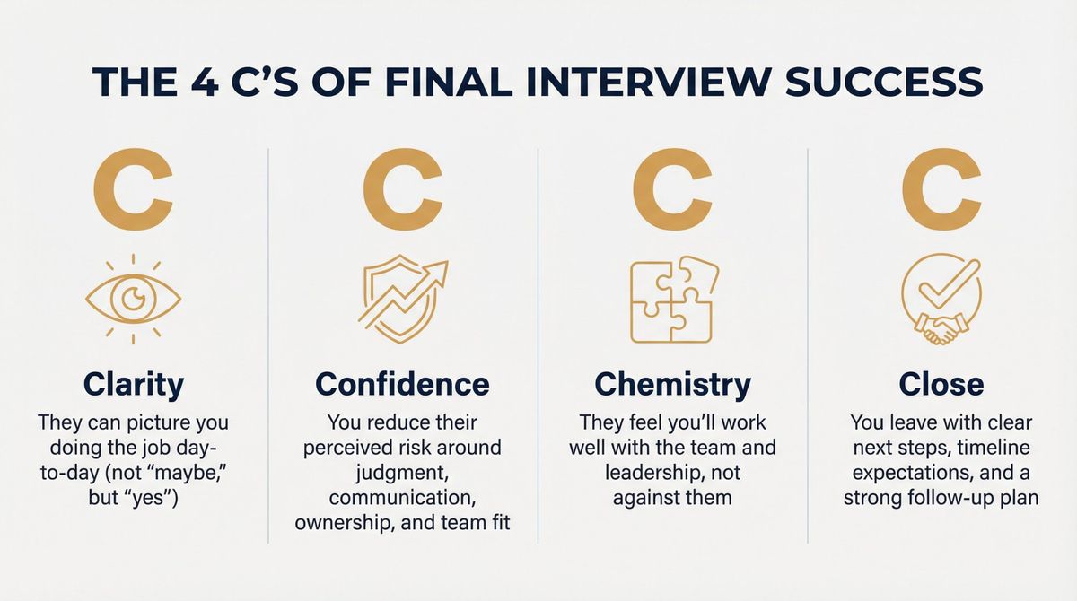 Visual framework showing the 4 C's of final interview success: Clarity, Confidence, Chemistry, and Close with definitions