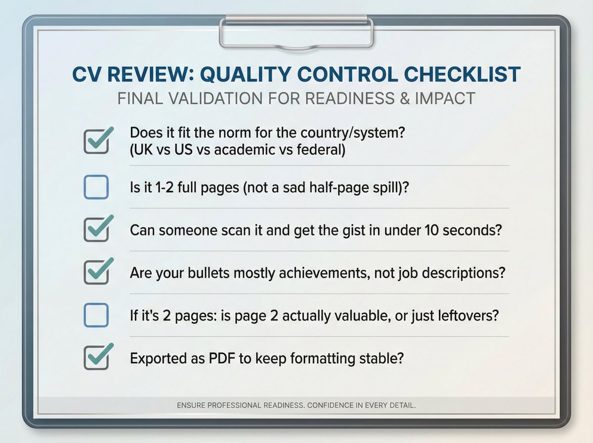 Professional CV quality checklist showing six critical validation criteria before submitting applications
