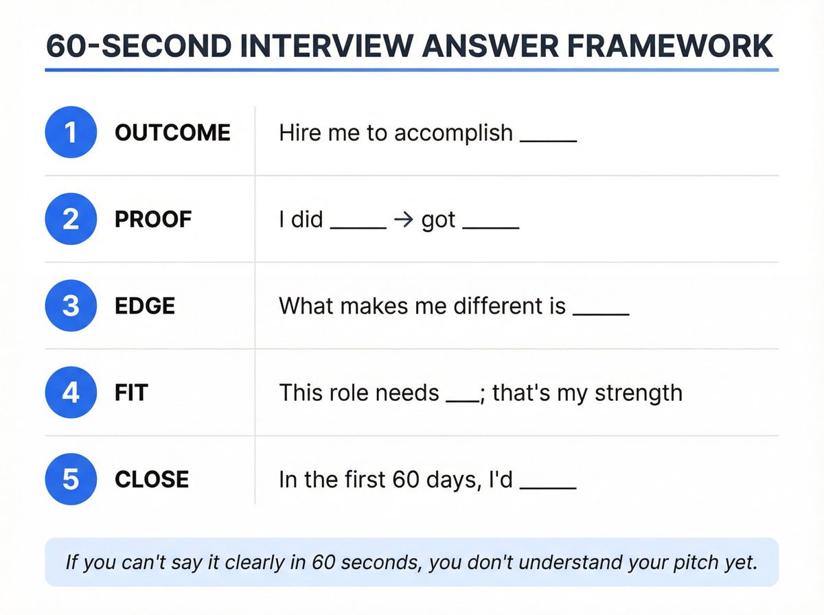 One-page interview cheat sheet showing the 5-part framework for answering 'Why should we hire you?' in 60 seconds