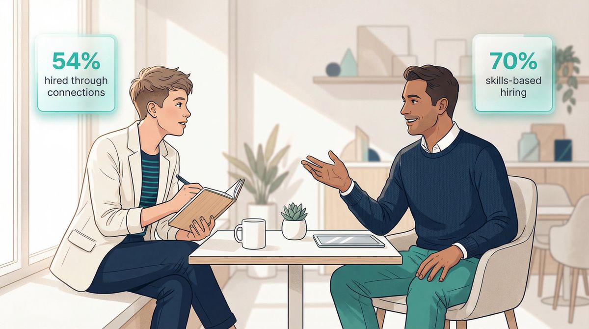 Two professionals in a relaxed one-on-one conversation, one sharing career insights with a job seeker across a modern minimal table