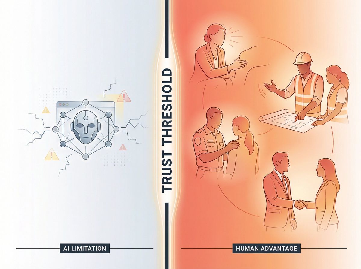 Split composition showing AI's limitation in trust-based roles vs human advantage in emotional connection