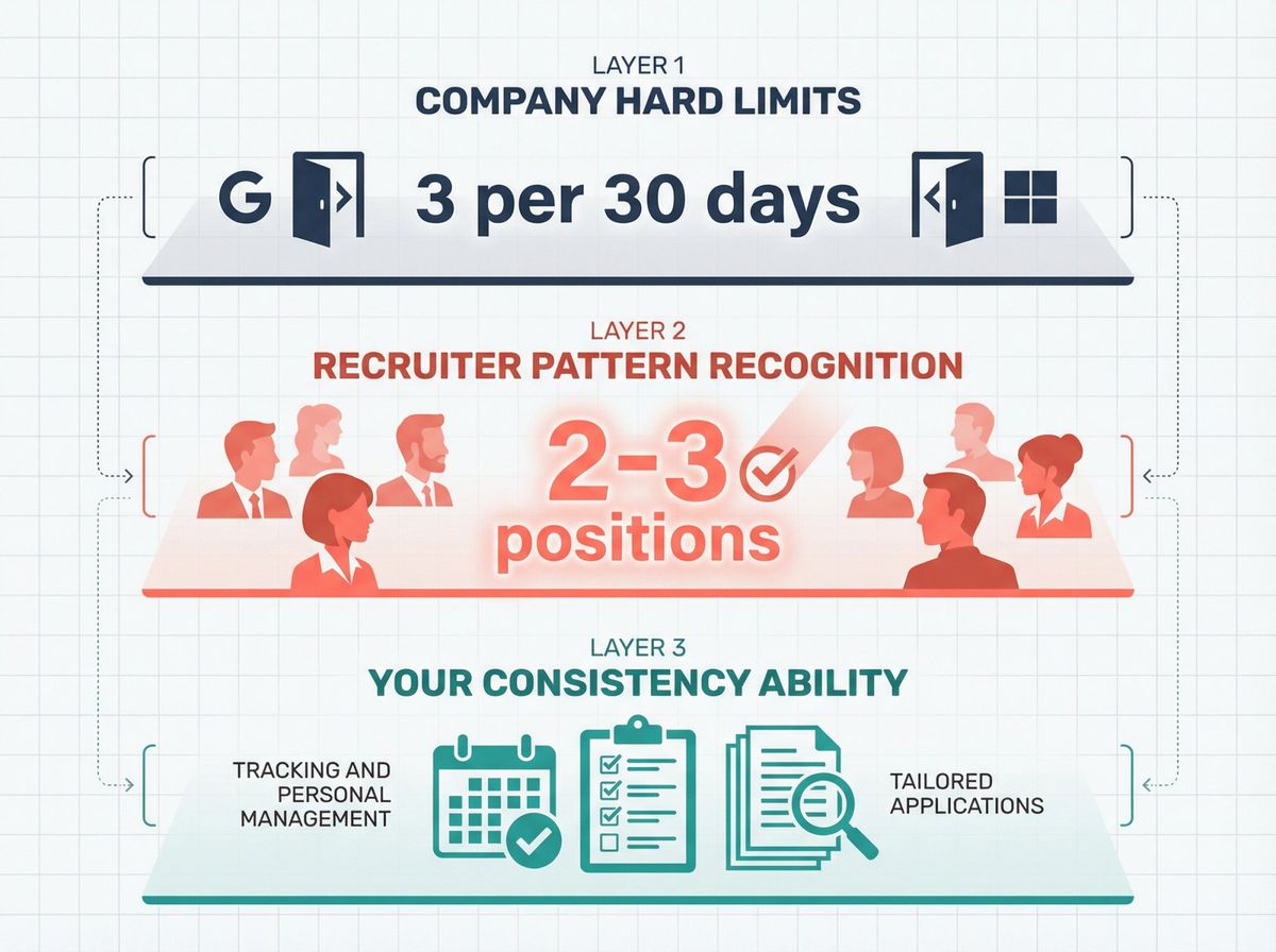 Three-tier framework showing company limits, recruiter perception, and consistency tracking for multiple job applications