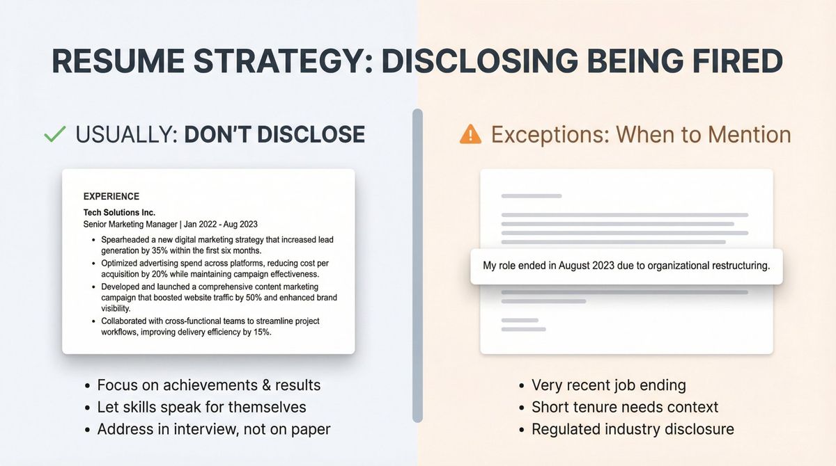 Split comparison showing when to include vs. exclude firing disclosure on resume and cover letter