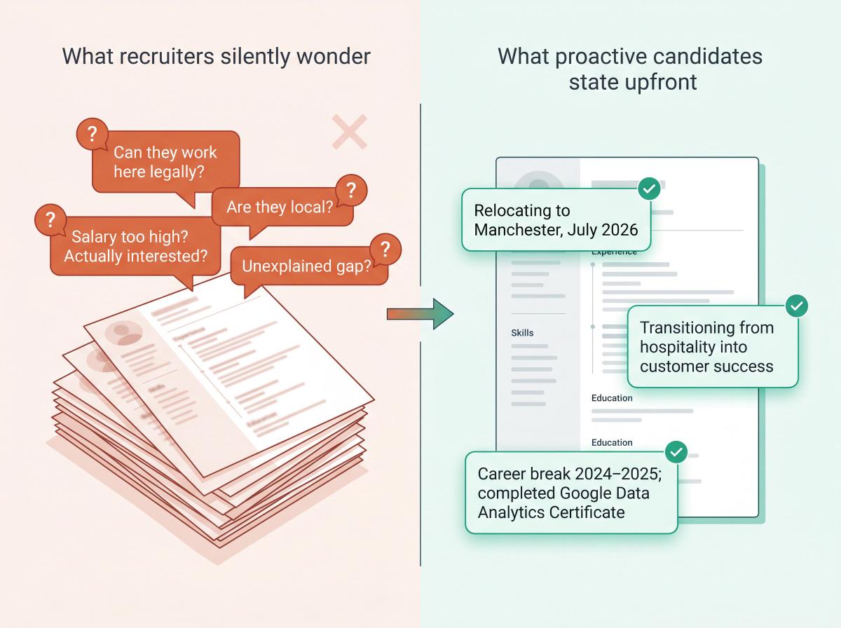 Split illustration showing recruiter red-flag questions on left vs proactive application statements that address each concern on the right