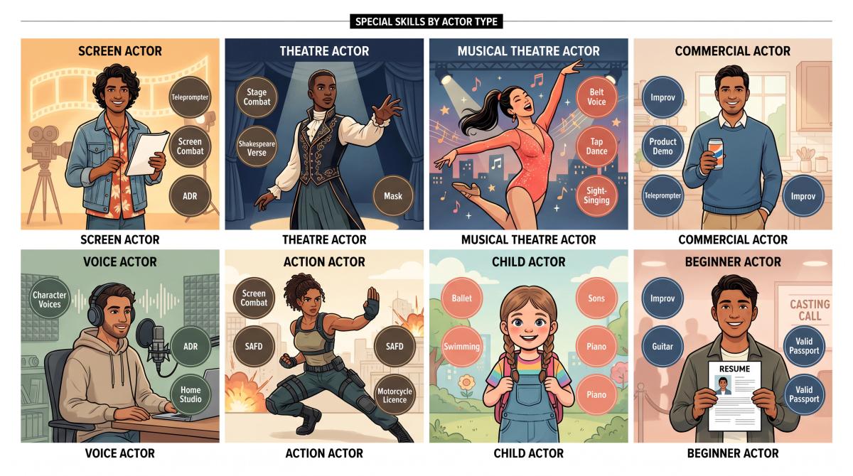 Eight actor archetypes shown as stylized character portraits in a grid, each labeled with their type and floating skill badges