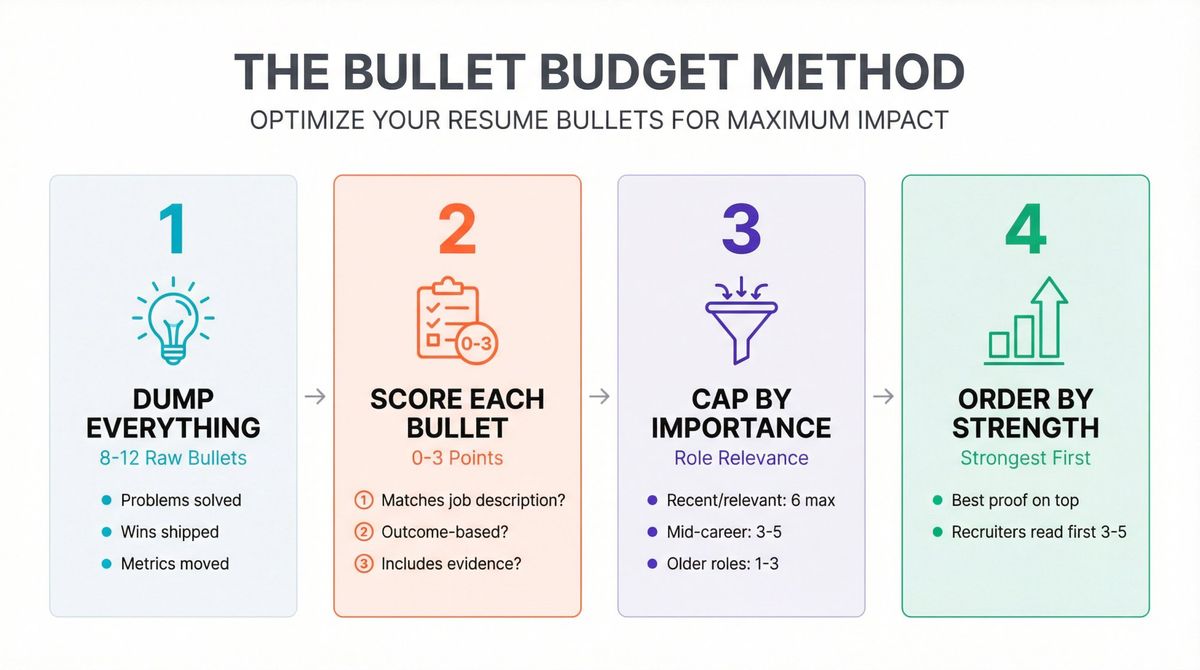 Four-step visual process for the Bullet Budget Method showing: dump 8-12 raw bullets, score each 0-3 points, cap based on role importance, and order by strength