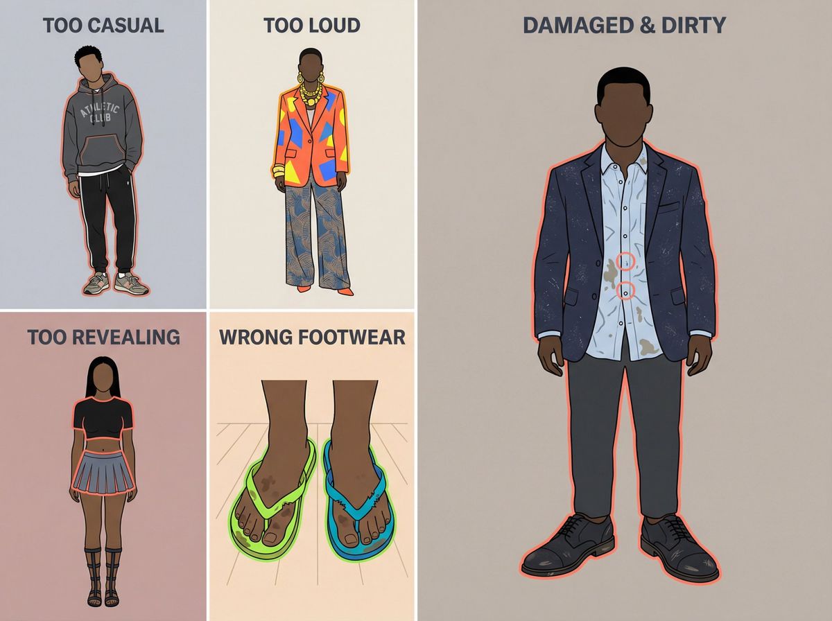 Split-panel editorial illustration showing common interview outfit mistakes to avoid