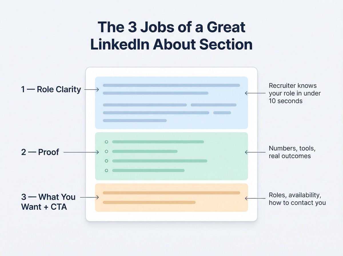 Annotated LinkedIn About section wireframe showing three zones: role clarity, proof bullets, and call to action