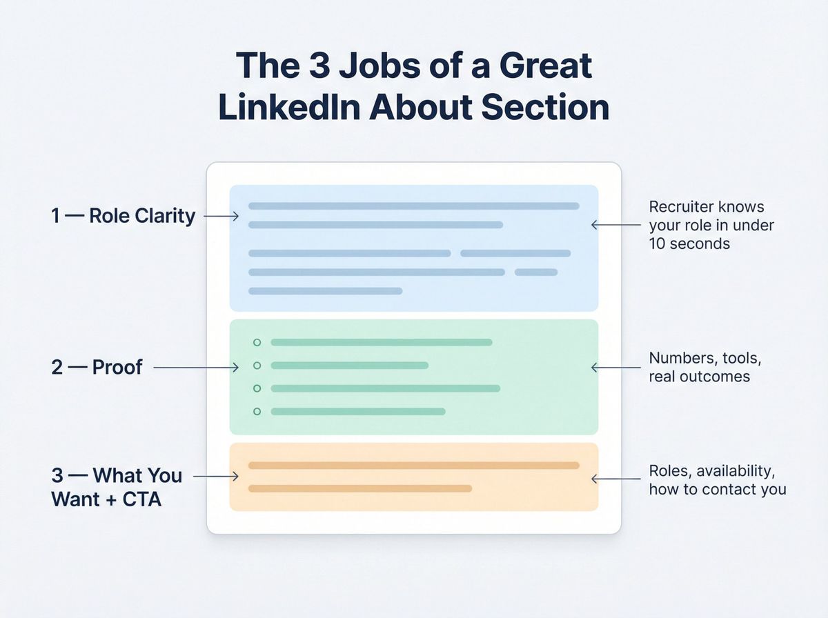 Annotated LinkedIn About section wireframe showing three zones: role clarity, proof bullets, and call to action