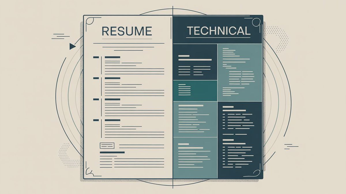 Side-by-side comparison illustration showing the difference between traditional and technical resume formats