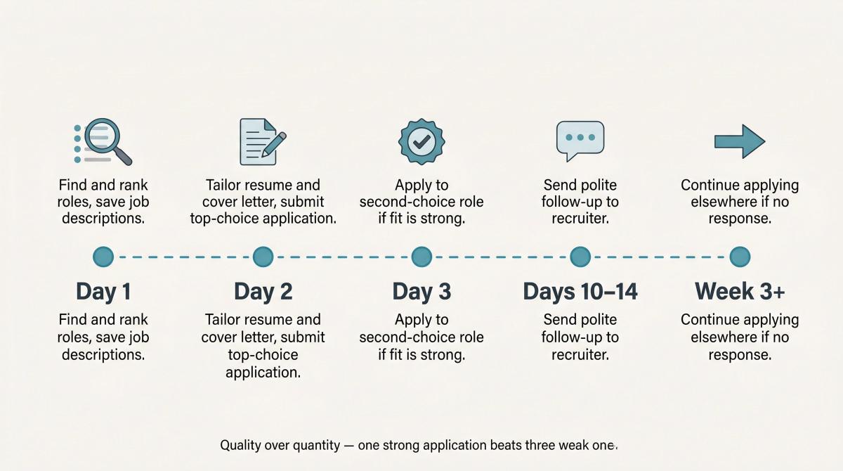 Step-by-step timeline showing a 3-week plan for applying to multiple roles at the same company strategically