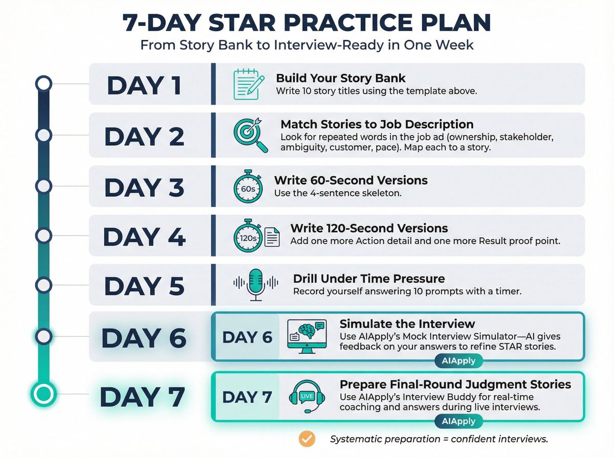 7-day STAR method practice roadmap showing daily progression from story bank building to live interview simulation with AIApply tools