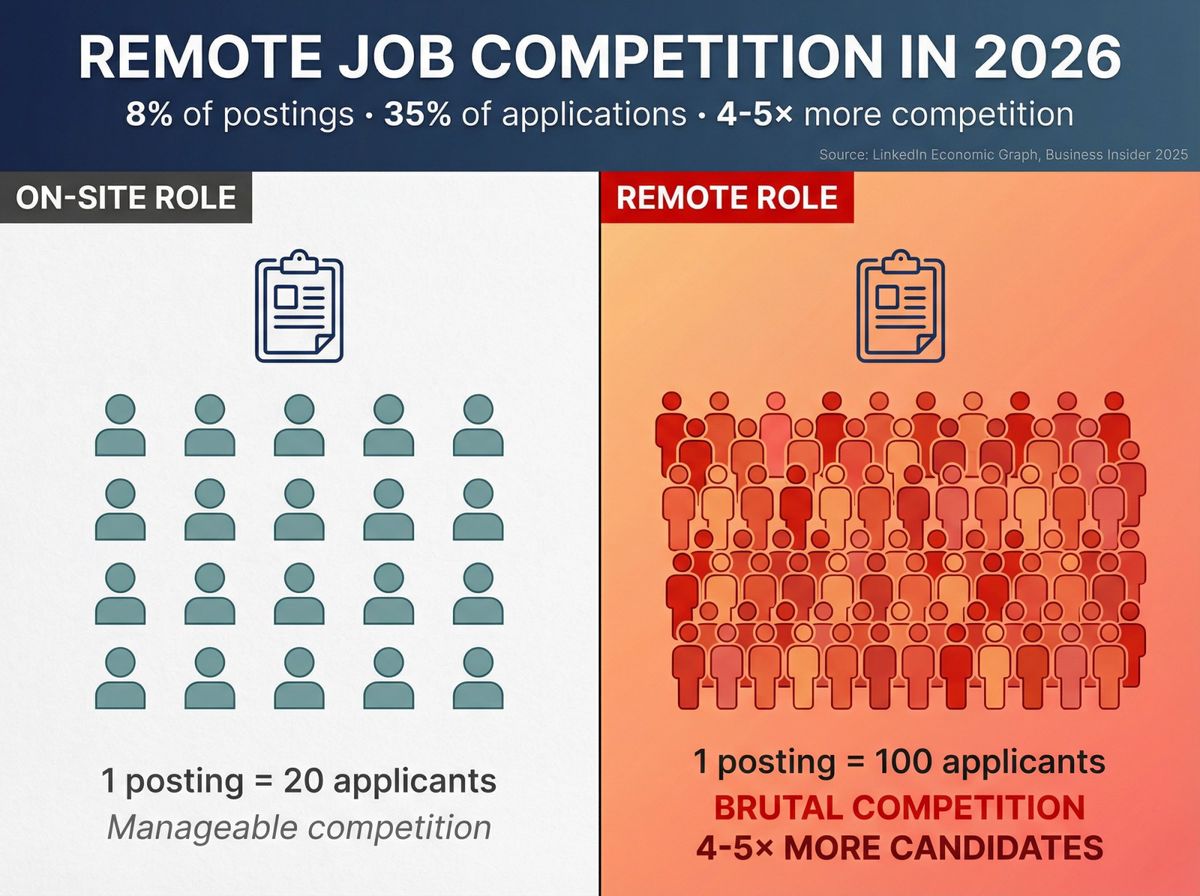 Side-by-side comparison showing remote jobs receive 4-5× more applicants than on-site roles despite being only 8% of postings