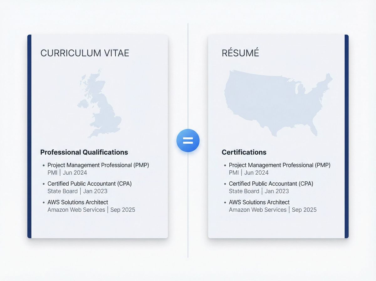 Split-screen editorial illustration showing UK CV and US resume side by side with identical certification sections, emphasizing universal formatting principles