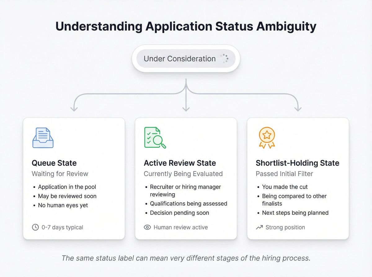 Diagram showing how Under Consideration status splits into three distinct states: queue, active review, and shortlist-holding