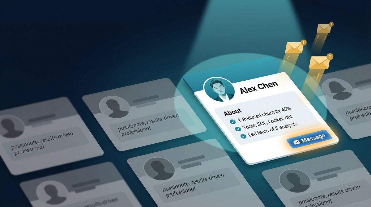 Editorial illustration showing one standout LinkedIn About section glowing with recruiter message notifications while surrounding generic profiles fade into grey