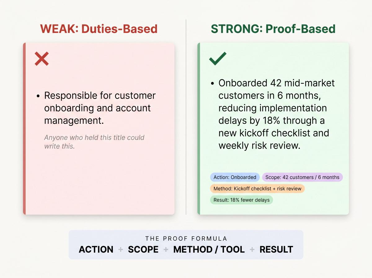 Side-by-side resume bullet comparison: weak duties-based bullet vs strong proof-based bullet using Action + Scope + Method + Result formula