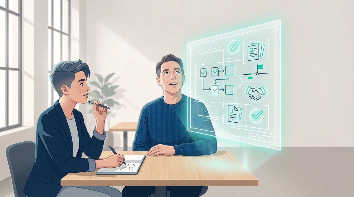 Job seeker asking a sharp question that reveals the hidden hiring rubric, editorial illustration with clean modern style