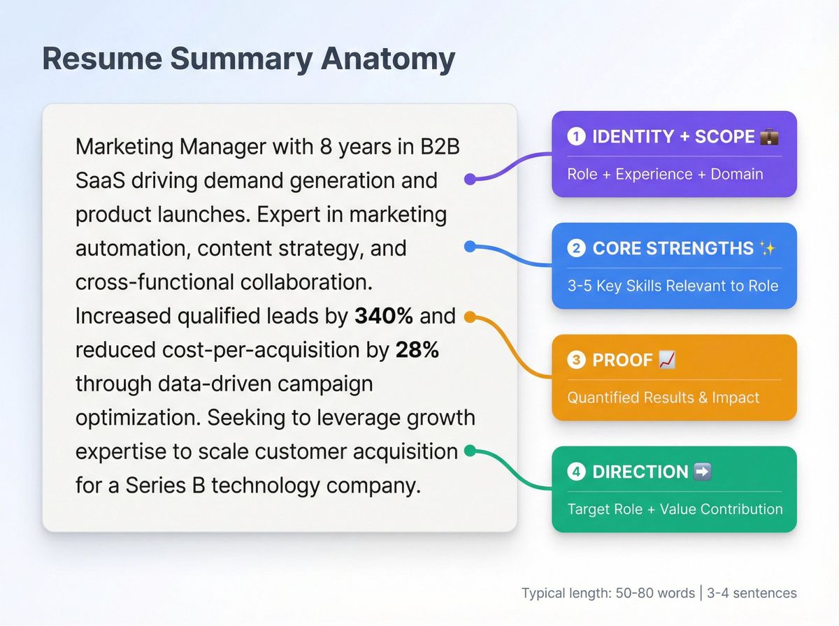 Annotated resume summary showing the four key components: identity, skills, proof, and direction