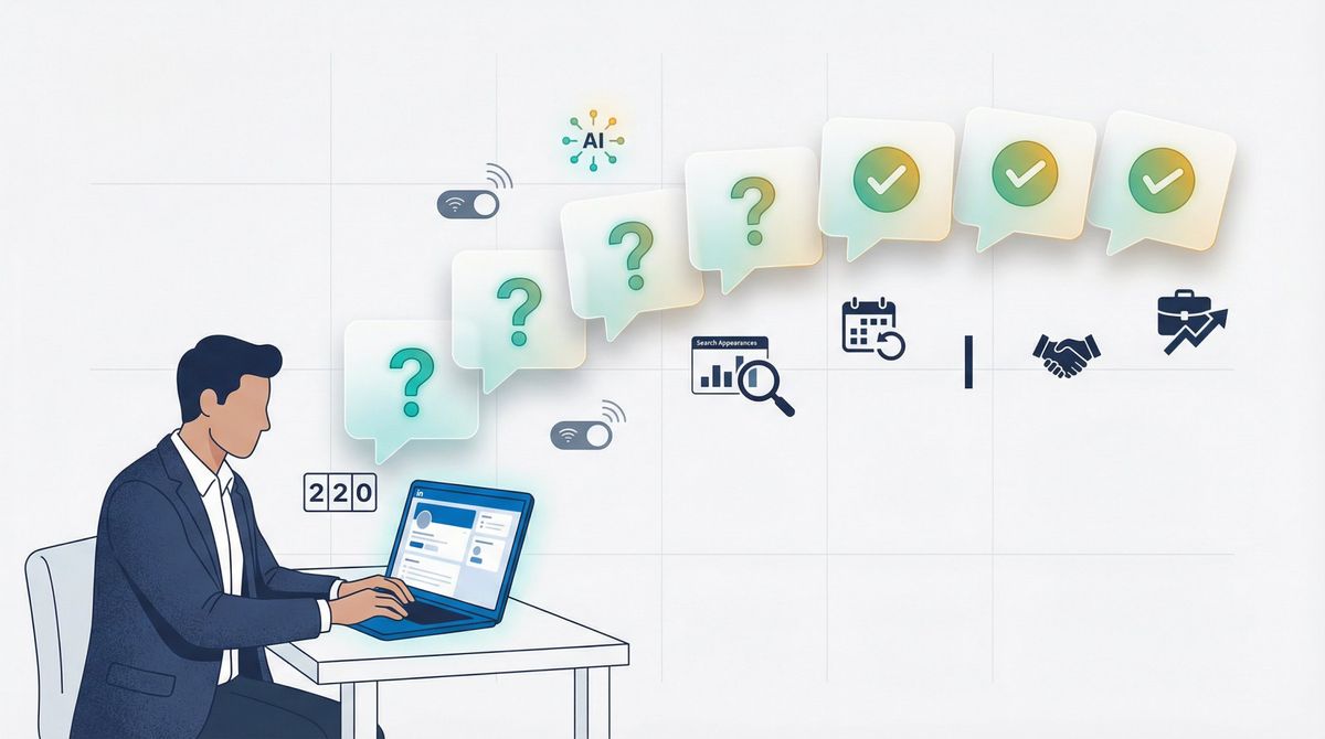 Editorial illustration of a professional at a laptop with floating FAQ bubbles transforming from question marks to checkmarks, representing LinkedIn headline clarity