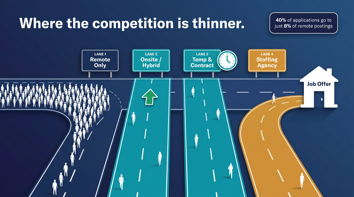 Editorial illustration showing fast-hiring job categories — temp, onsite, staffing agency — as open lanes versus a crowded remote-only path
