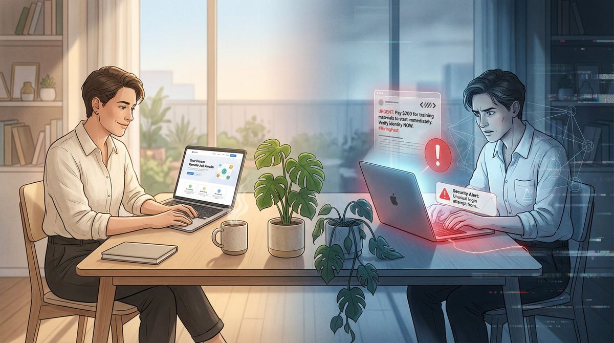 Split-screen illustration showing remote work dream versus scam reality with contrasting lighting and warning signals