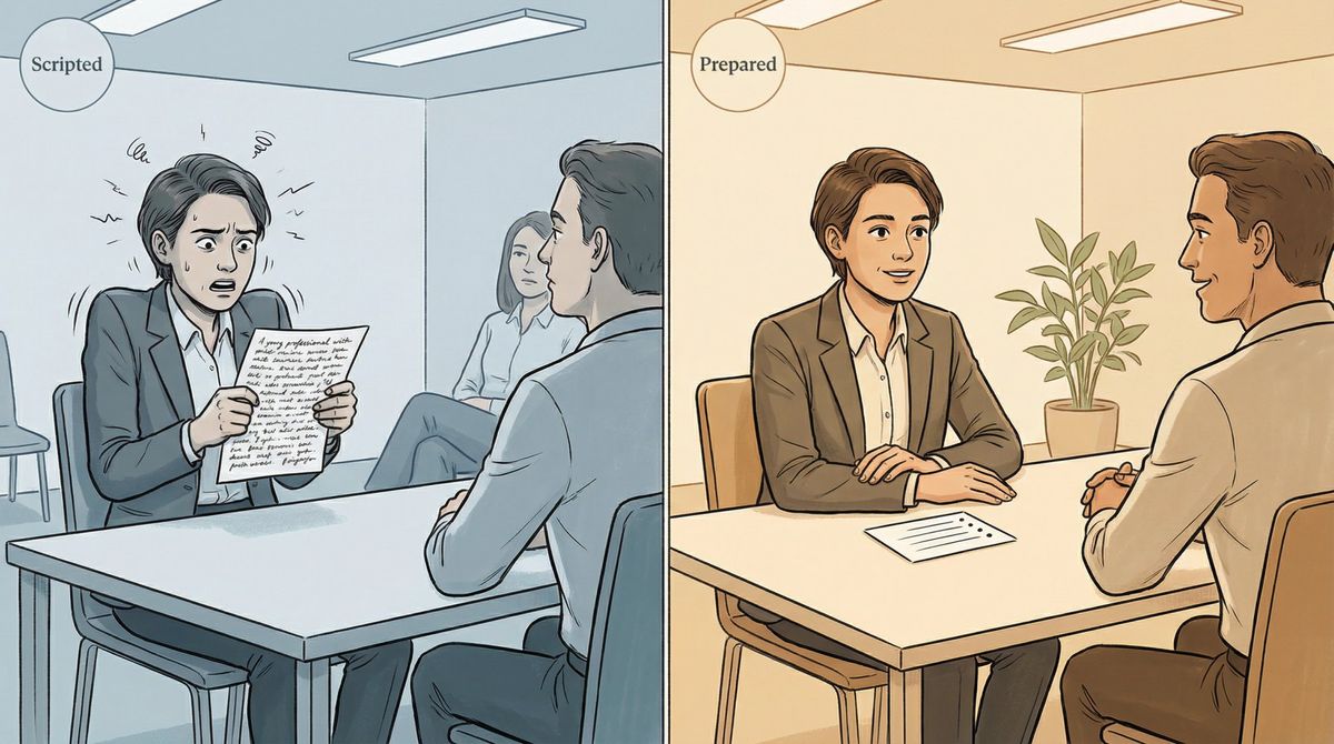 Split-panel illustration: anxious scripted candidate vs. calm bullet-point-prepared candidate in a job interview setting
