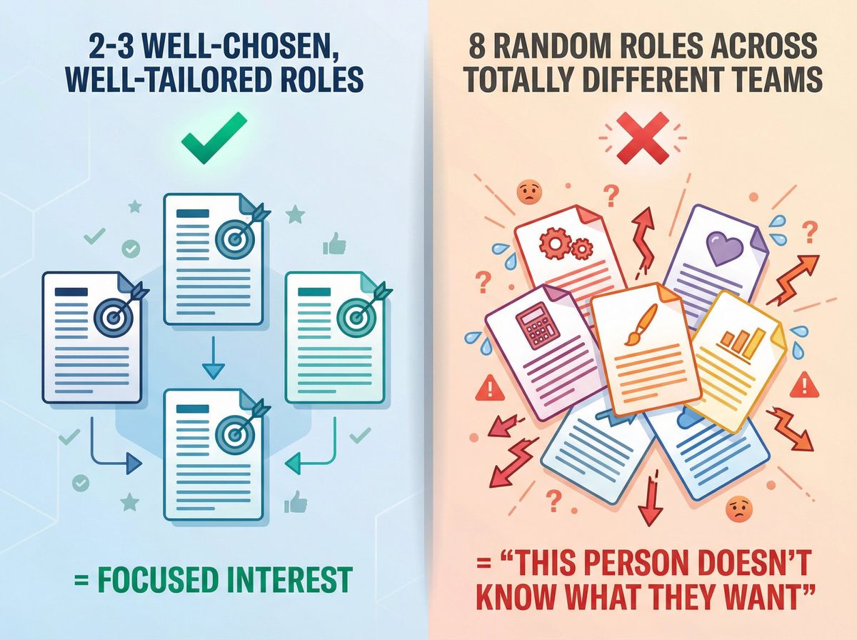 Visual comparison showing 2-3 targeted job applications (organized, focused) versus 8+ scattered applications (chaotic, unfocused)