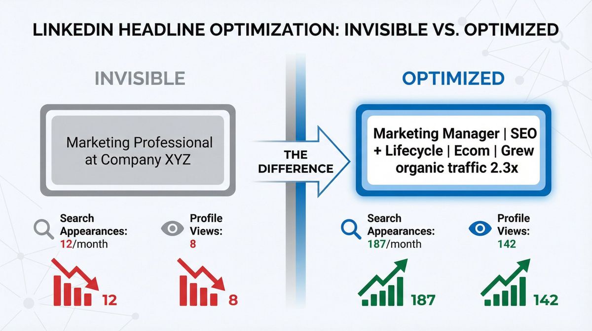 Split-screen comparison showing weak vs optimized LinkedIn headline with search visibility metrics