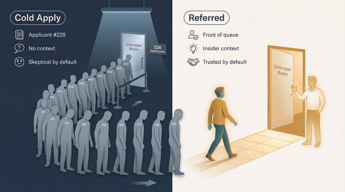 Editorial illustration contrasting 228 anonymous job applicants in a grey pile versus one referred candidate on a direct fast-track path to an interview