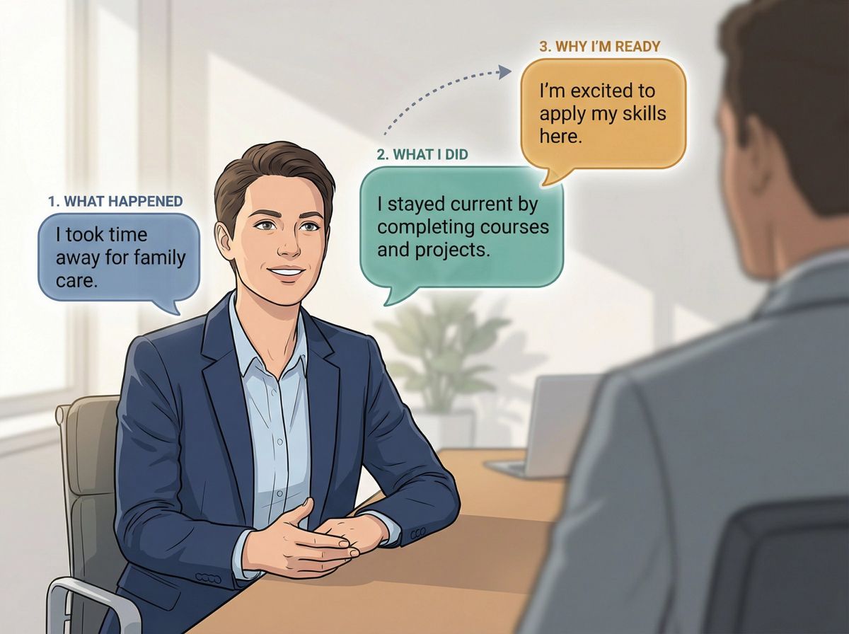 Job candidate confidently answering career gap question in interview using structured 3-part formula