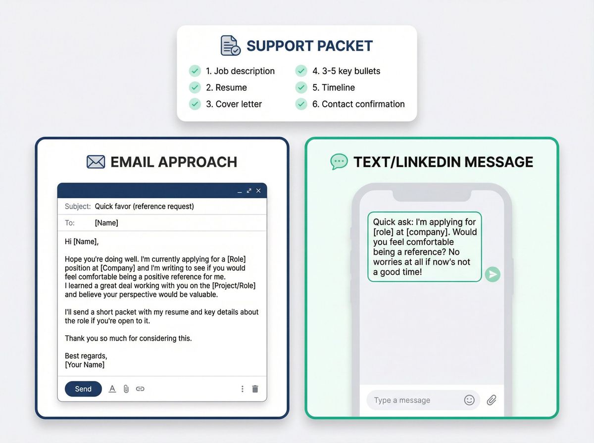Side-by-side comparison of formal email vs casual text templates for asking someone to be a job reference
