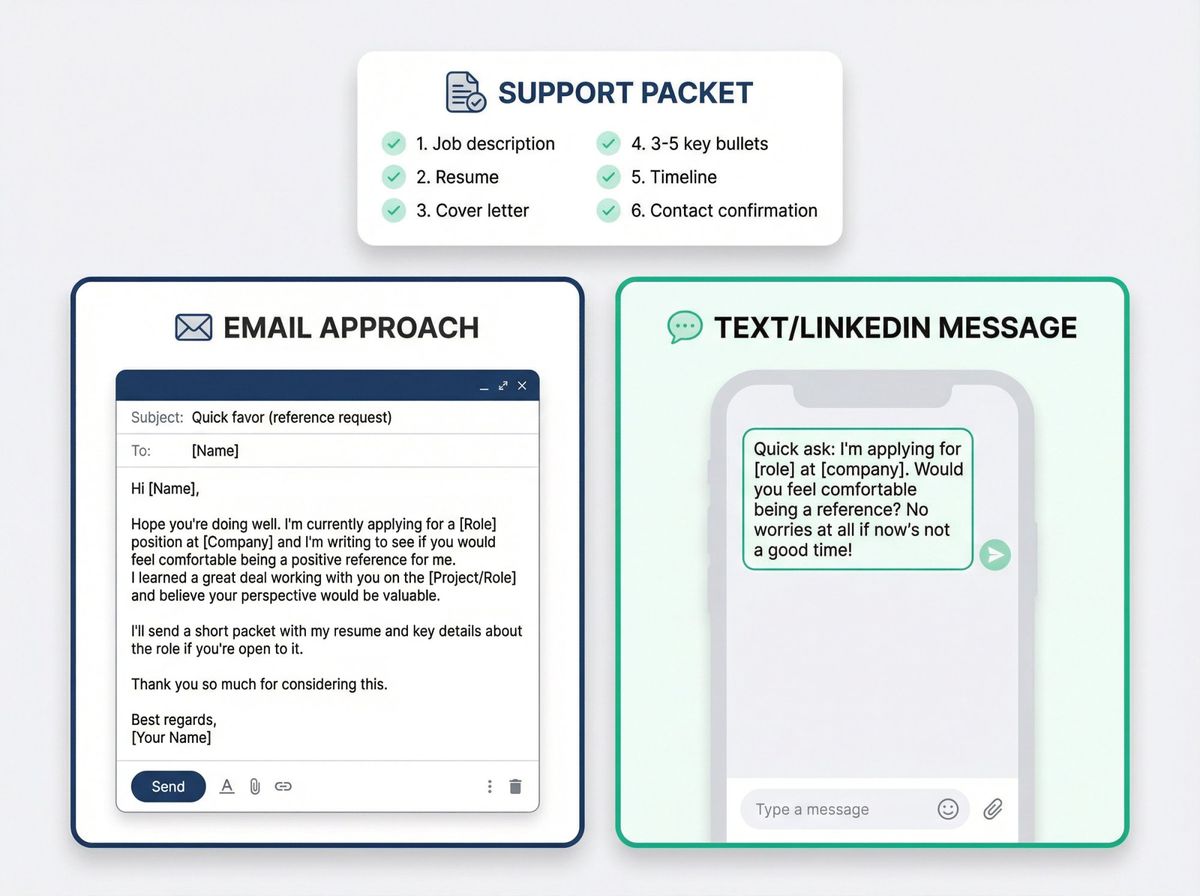 Side-by-side comparison of formal email vs casual text templates for asking someone to be a job reference