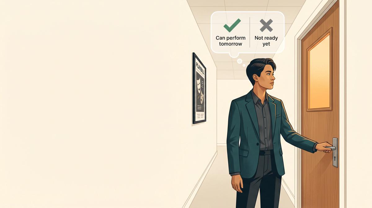 Actor standing at an audition room door, confidently self-assessing their skills before entering: the tomorrow test concept