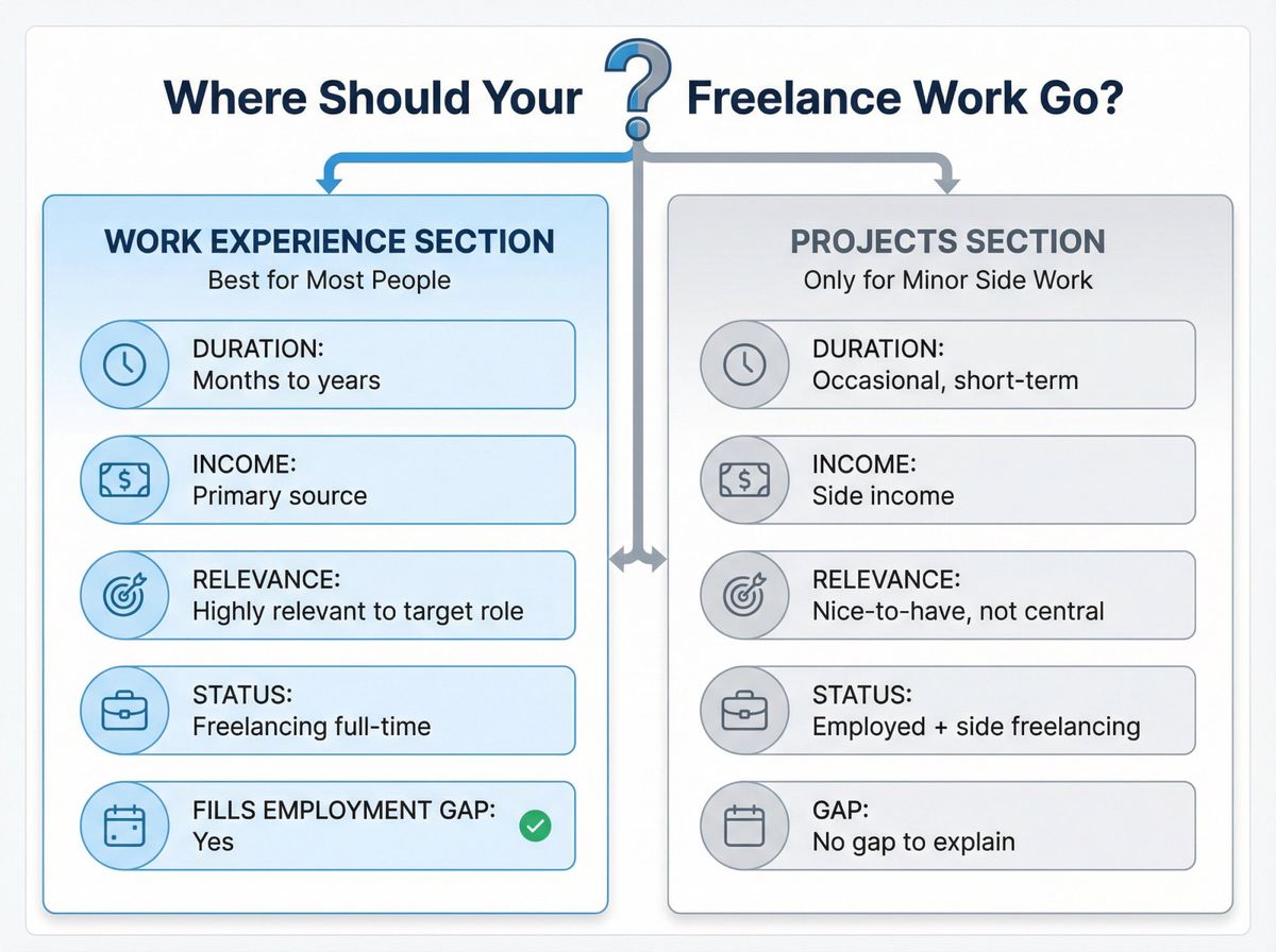 Visual decision framework comparing Work Experience vs Projects Section placement for freelance work on resumes