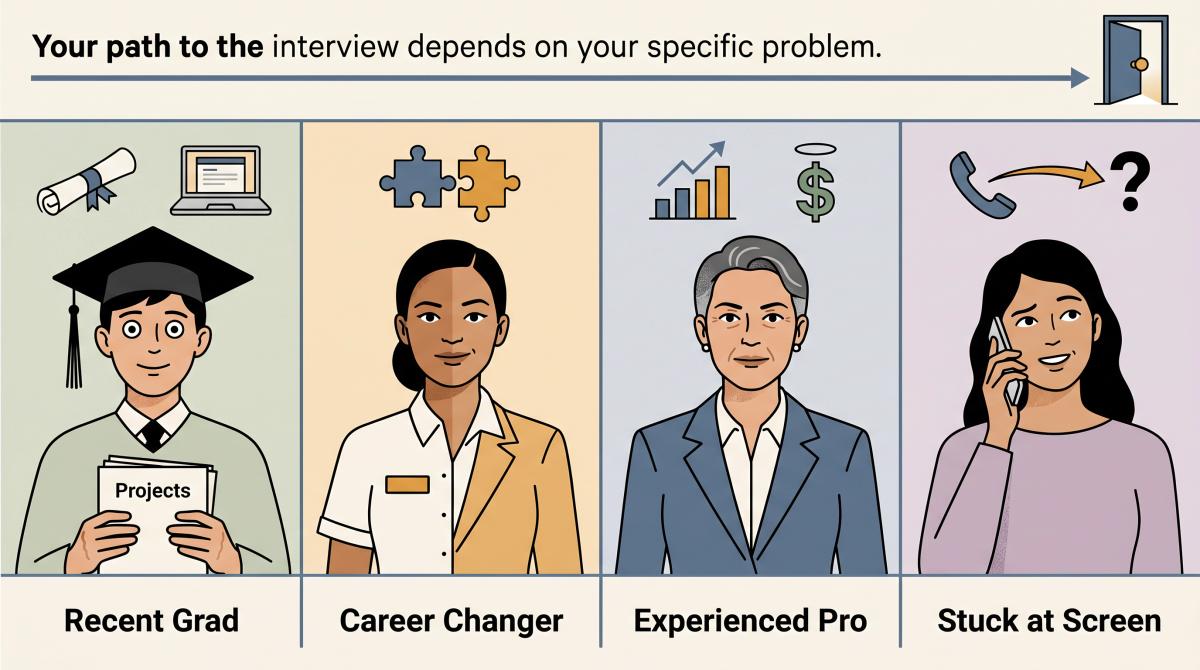 Four job seeker types — recent grad, career changer, experienced pro, interview-stuck — each on a distinct path toward landing an interview