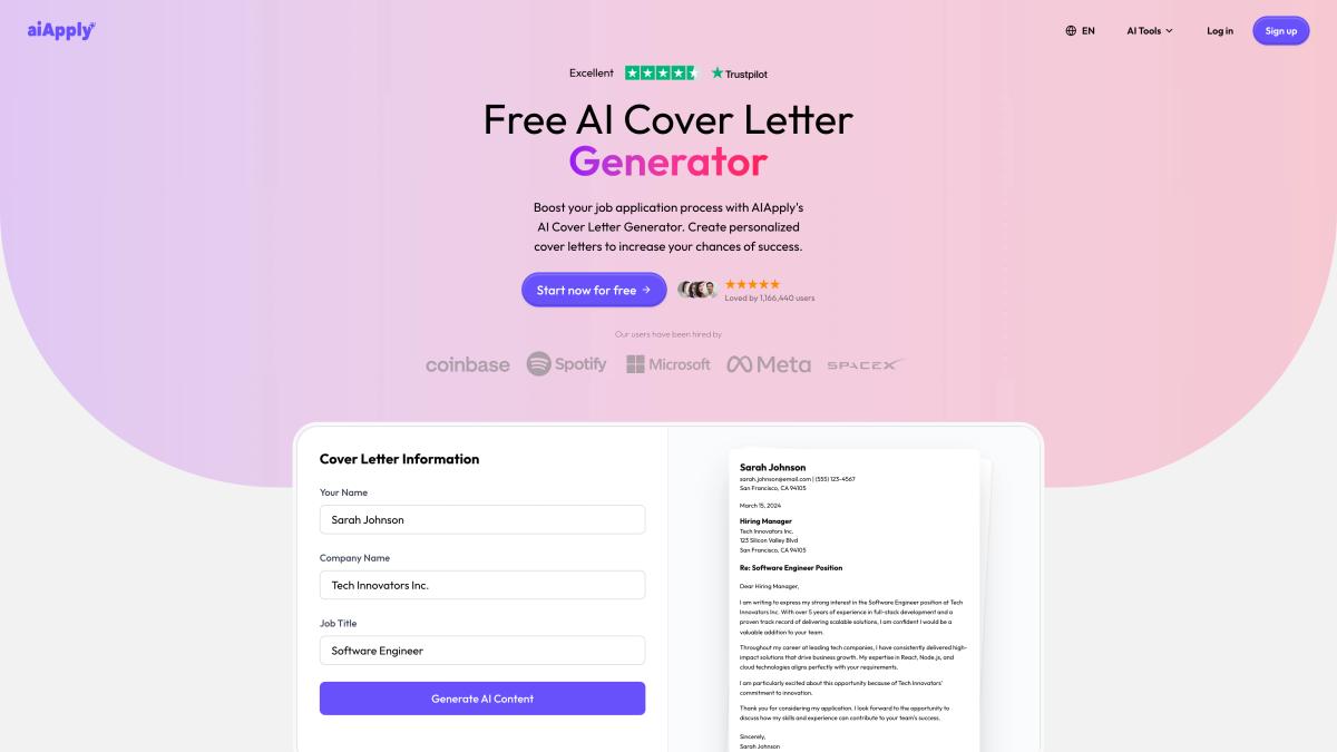 AIApply AI Cover Letter Generator showing Free AI Cover Letter Generator headline with live form input and personalized cover letter preview
