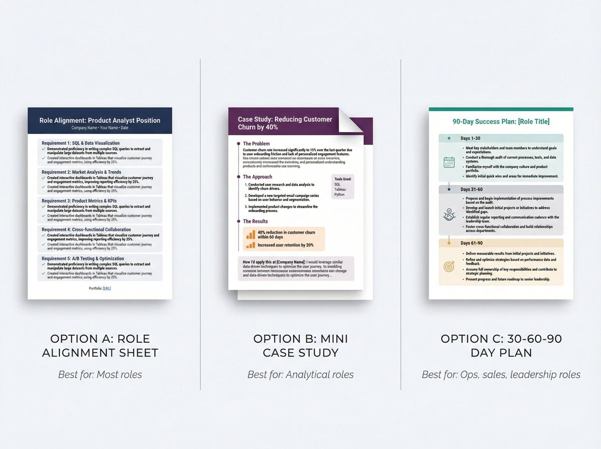 Visual guide showing three Proof Pack formats: role alignment sheet, case study template, and 30-60-90 day plan mockups