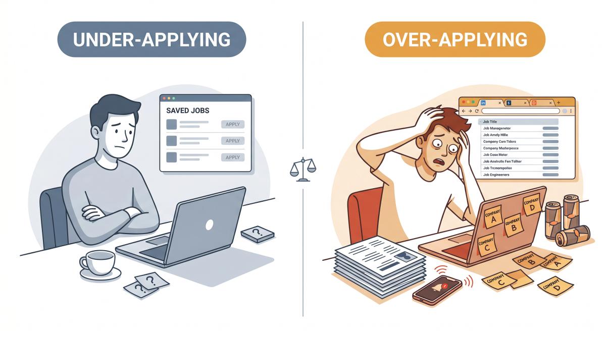Split illustration showing two job seekers: one paralyzed by under-applying, one overwhelmed by mass-applying