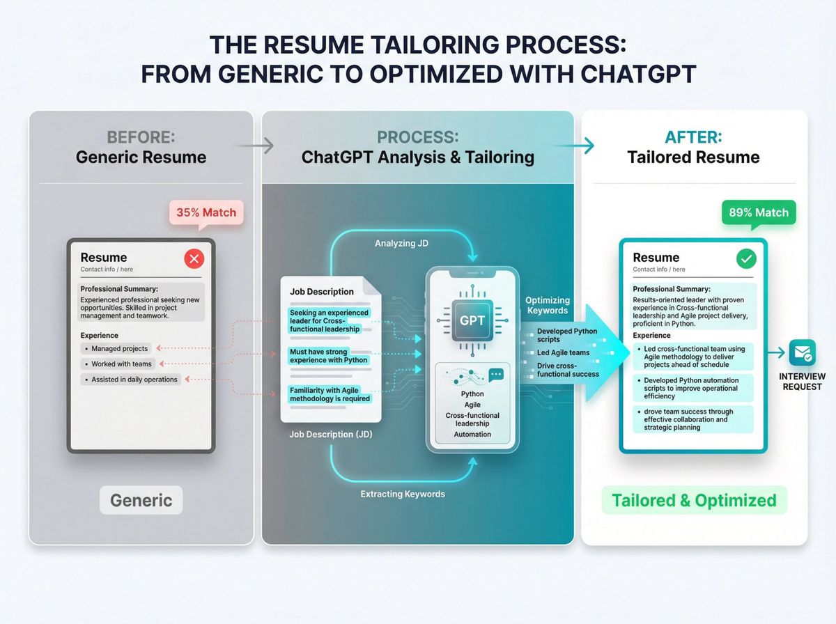 Before and after comparison showing generic resume transformed into tailored resume with ChatGPT keyword matching and job description analysis