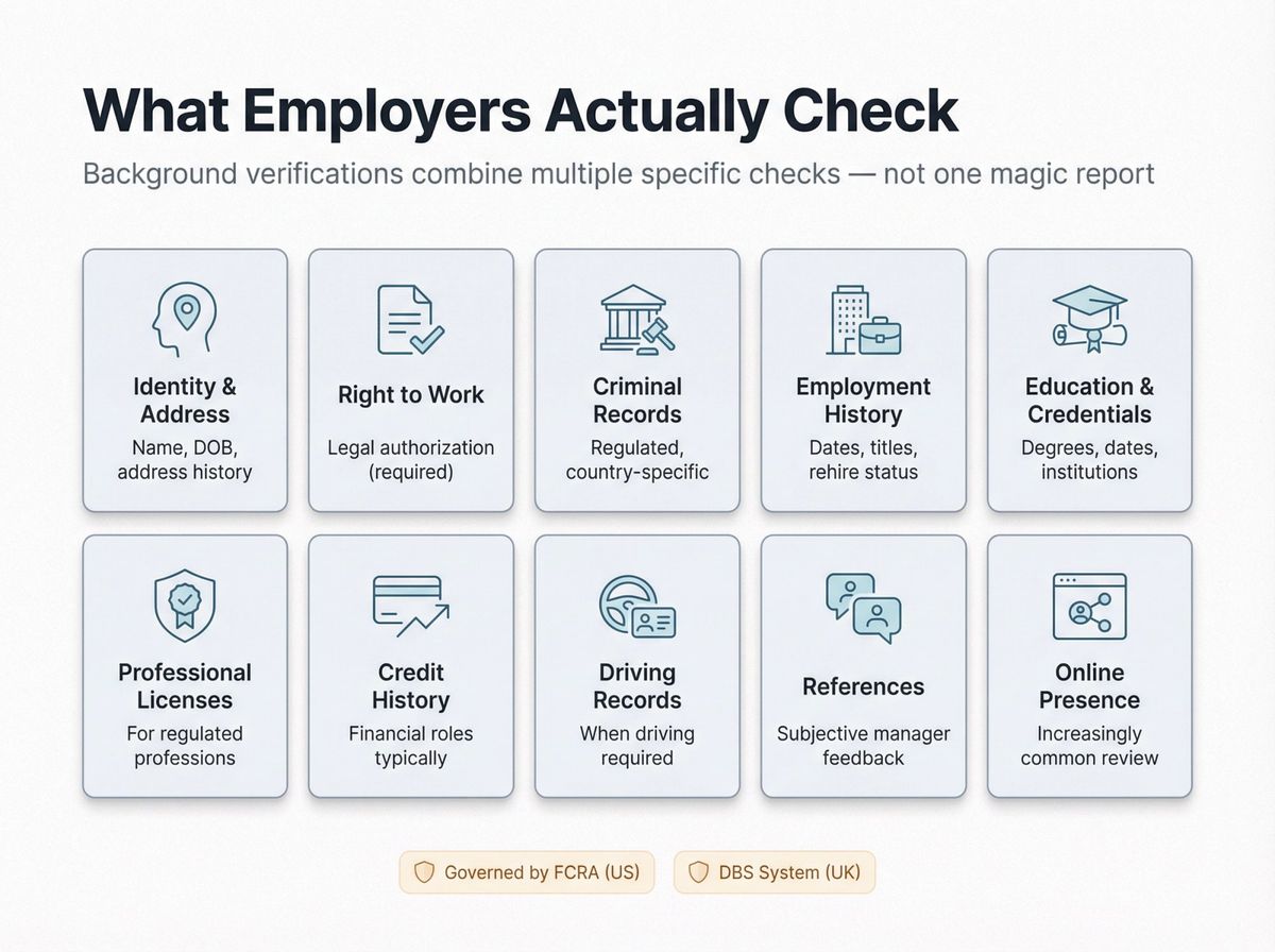 Infographic showing 10 distinct background check types that employers combine: identity, right to work, criminal records, employment, education, licenses, credit, driving, references, and online presence