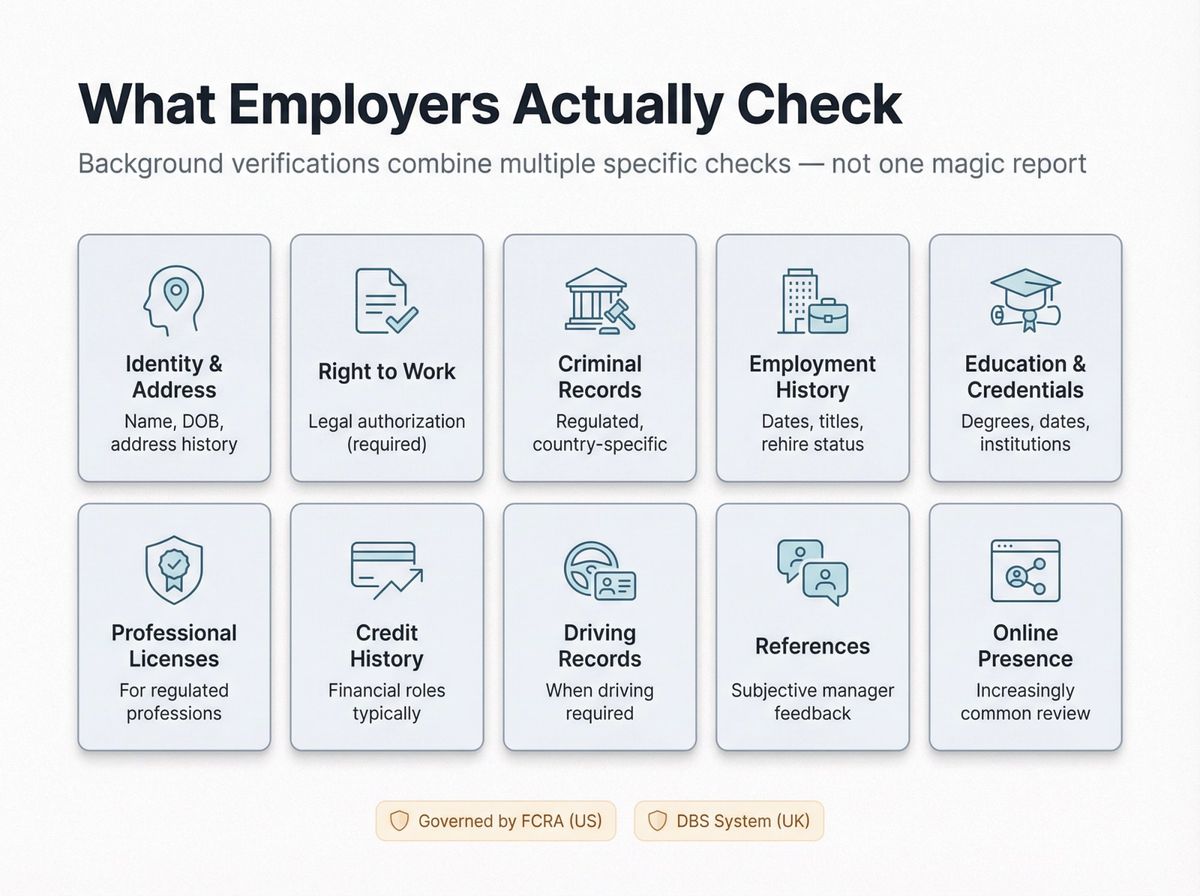 Infographic showing 10 distinct background check types that employers combine: identity, right to work, criminal records, employment, education, licenses, credit, driving, references, and online presence