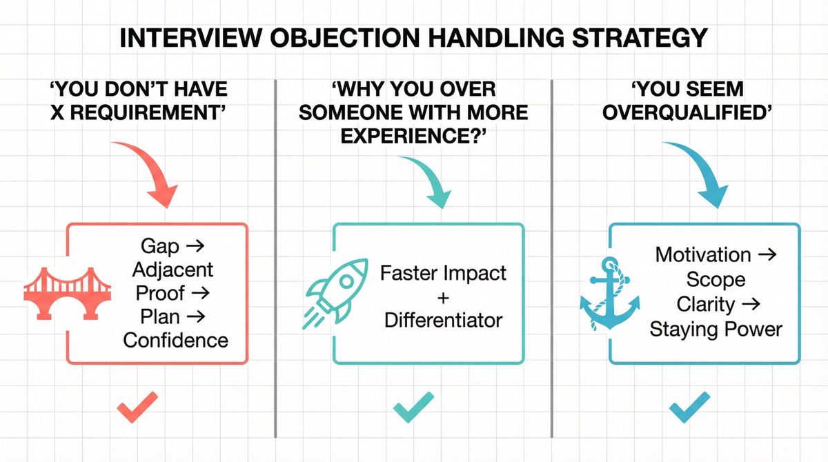 Three-column infographic showing how to reframe common interview objections into strategic responses using proven formulas