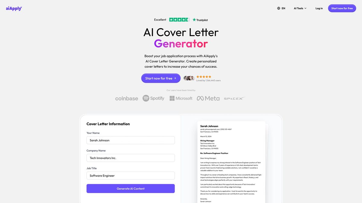 AIApply Cover Letter Generator interface showing AI-powered drafting with customization controls and real-time editing